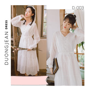 Váy đầm trắng dài dáng dài đính cúc ngọc DL003 Duong Jean