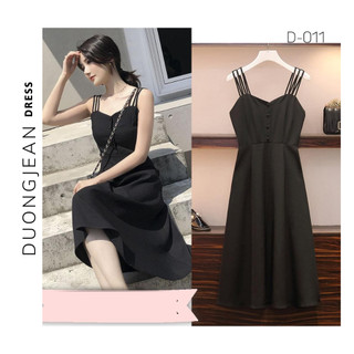 Váy đầm nữ 2 dây đen dáng dài xoè đi chơi hàng 2 lớp D011