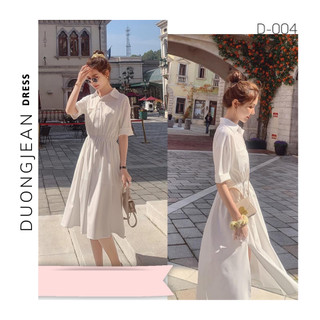 Váy đầm trắng nữ váy sơ mi trắng tay ngắn thắt eo nữ phong cách Hàn Quốc D004