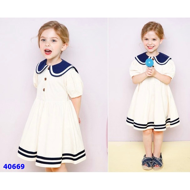 Đầm thun bé gái - dáng thủy thủ cực xinh [Có hình thật - Size 100-150 - Cho bé 14-35kg]