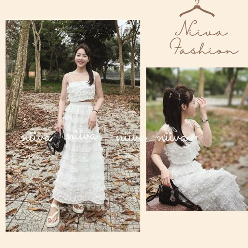 Set Chân Váy Dài, Set Áo Croptop 2 Dây Kèm Chân Váy Midi, Đầm Nữ Tiểu Thư 2 Dây Chân Váy Dáng Xòe, Đi Biển Đi Tiệc