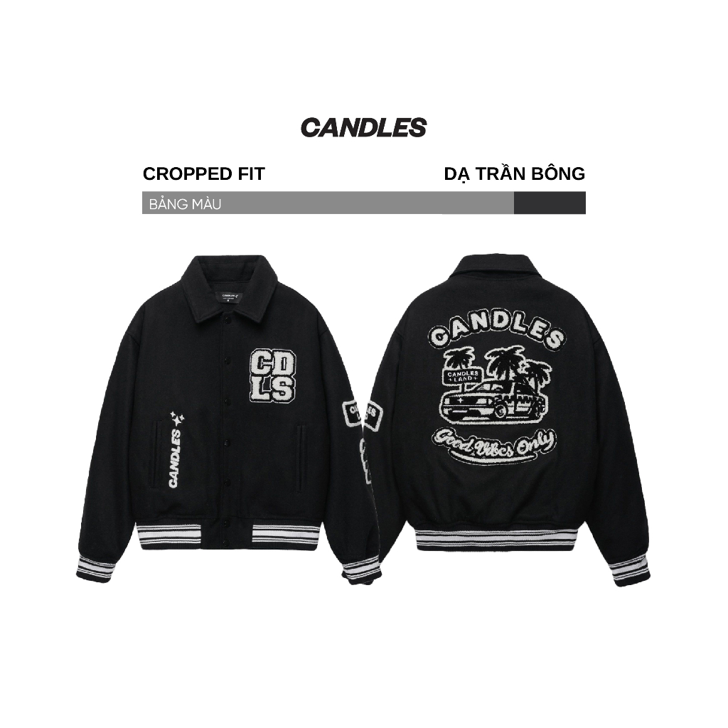 Áo khoác nam nữ oversized CANDLES GOODVIBE VARSITY hình thêu bông xù chất liệu dạ trần bông