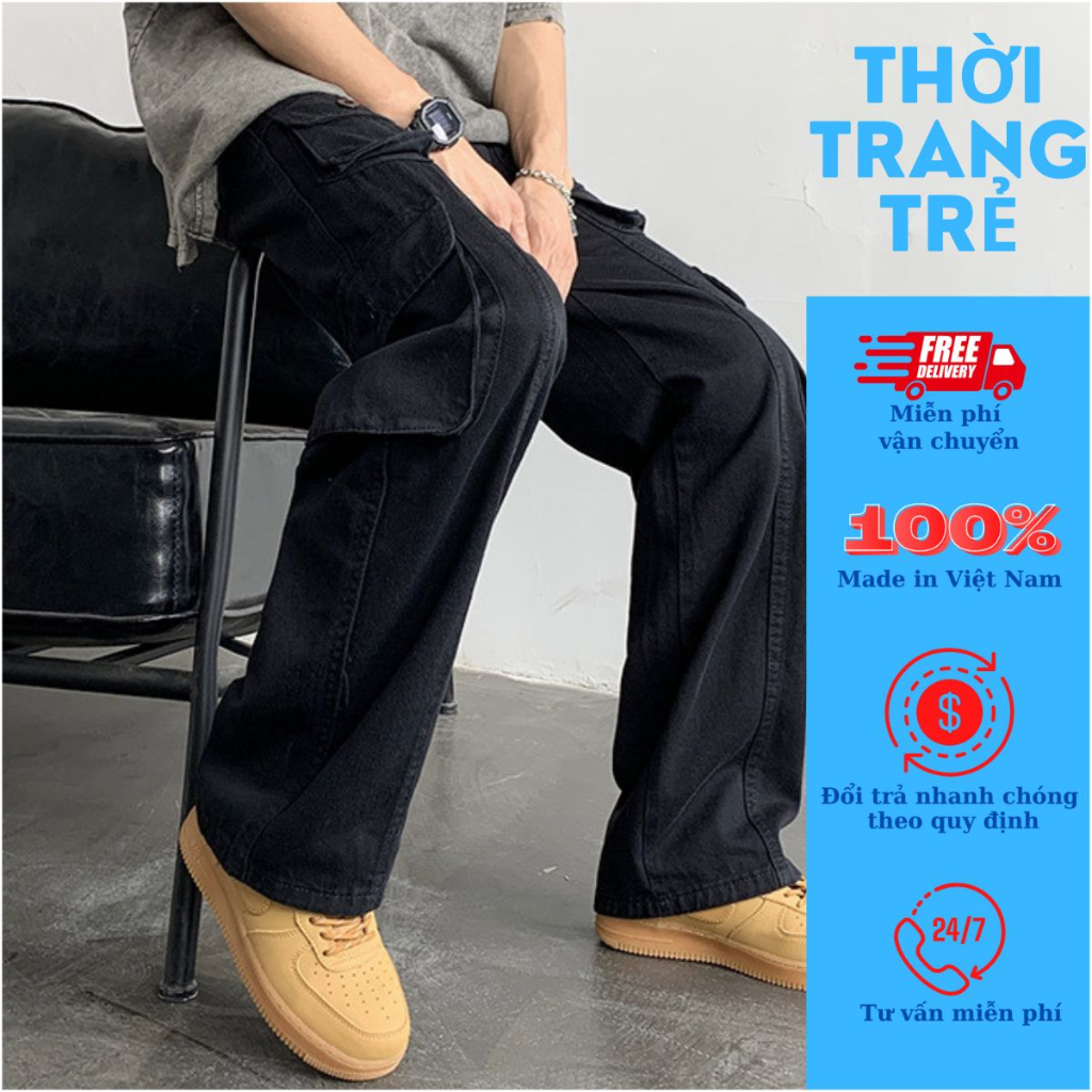 Quần kaki nam nữ túi hộp 2 bên phong cách hiphop cực chất - Quần bò kiểu Unisex ống rộng suông chất vải dày dặn