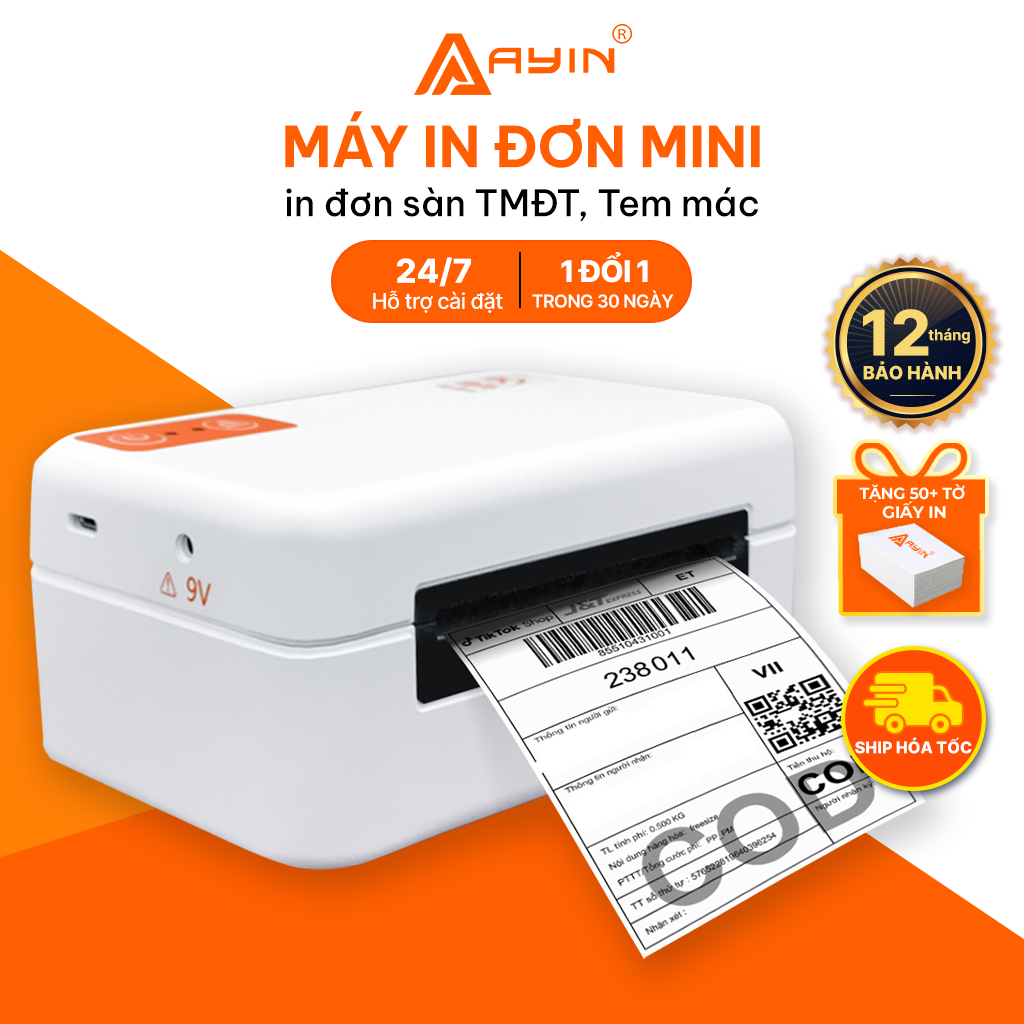 Máy in nhiệt mini AYIN IP802, in đơn hàng, mã vận chuyển, in tem, mac, barecode, logo, ảnh bảo hành 12 tháng
