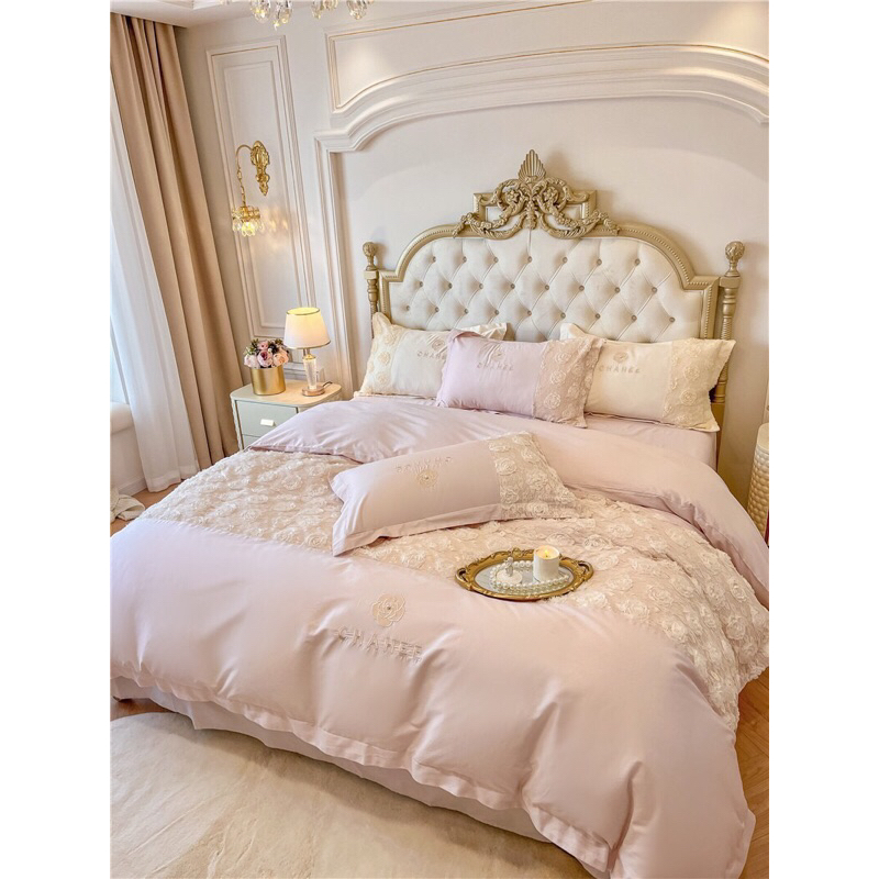 Set Chăn Ga Gối Lụa Silk Thêu “ Hoa Hồng chanel “ (set 4 món)