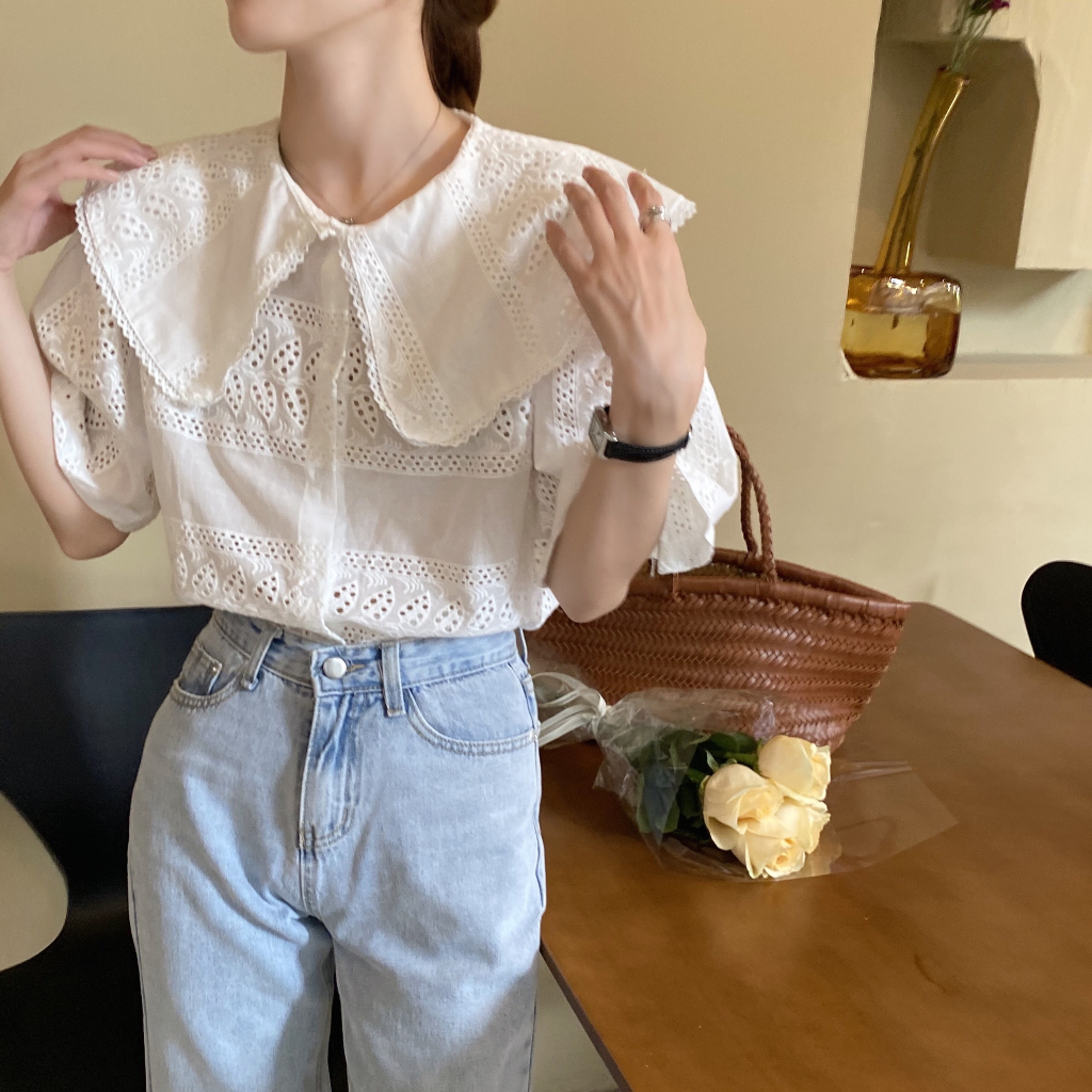 (HÀNG SẴN) Áo sơ mi tay ngắn chất xô thêu cao cấp, Áo cổ bèo tiểu thư xinh xắn màu trắng
