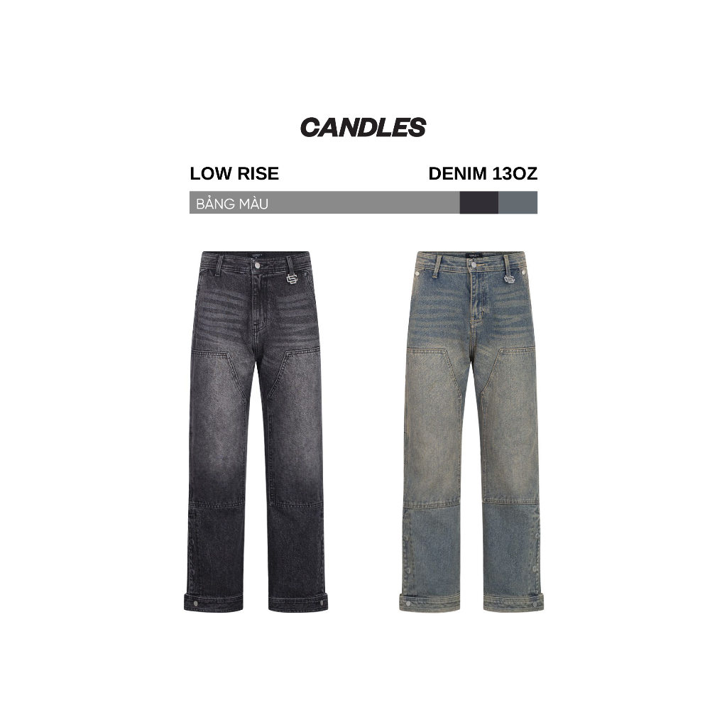 Quần jeans nam nữ CANDLES DESTROYED DOUBLE KNEE thiết kế gấu quần độc đáo denim 13oz chính hãng