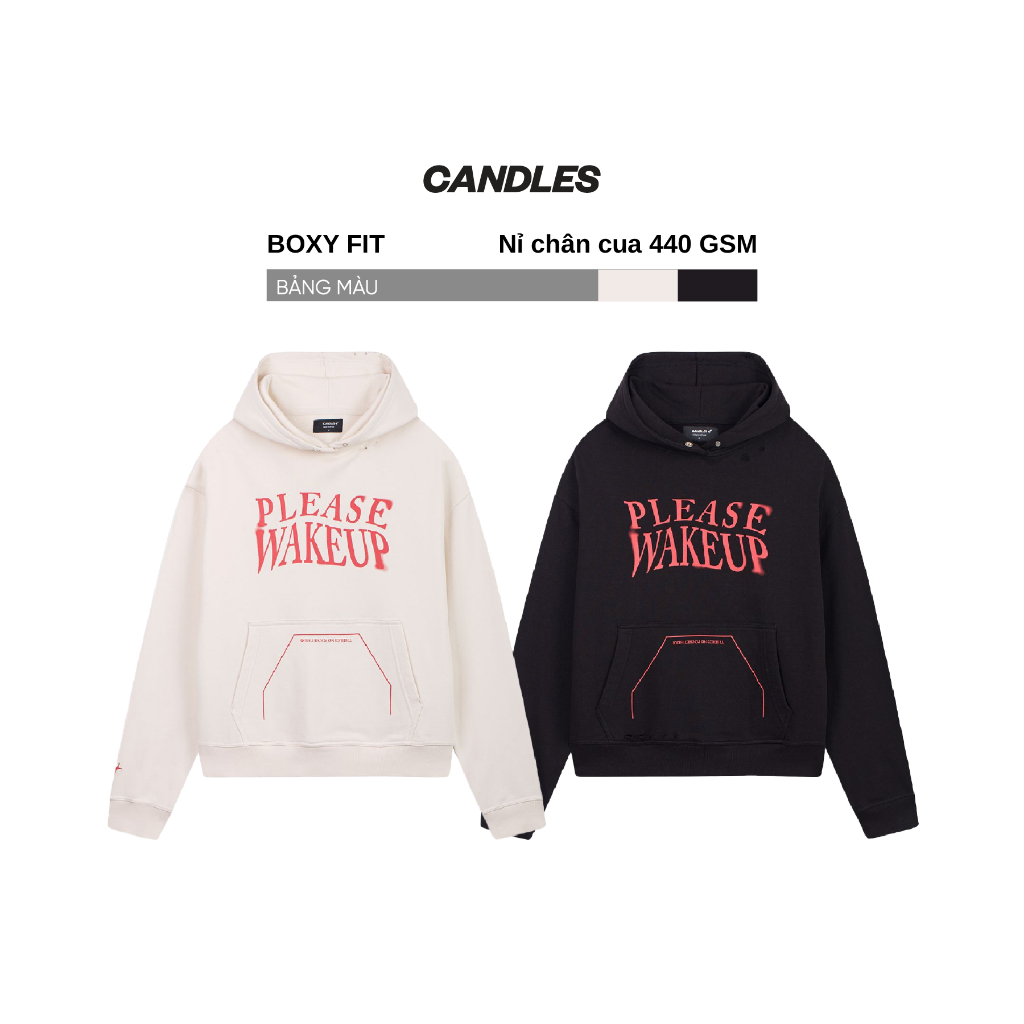 Áo hoodie nam nữ form boxy CANDLES PLEASE WAKE UP nỉ chân cua 440gsm chính hãng