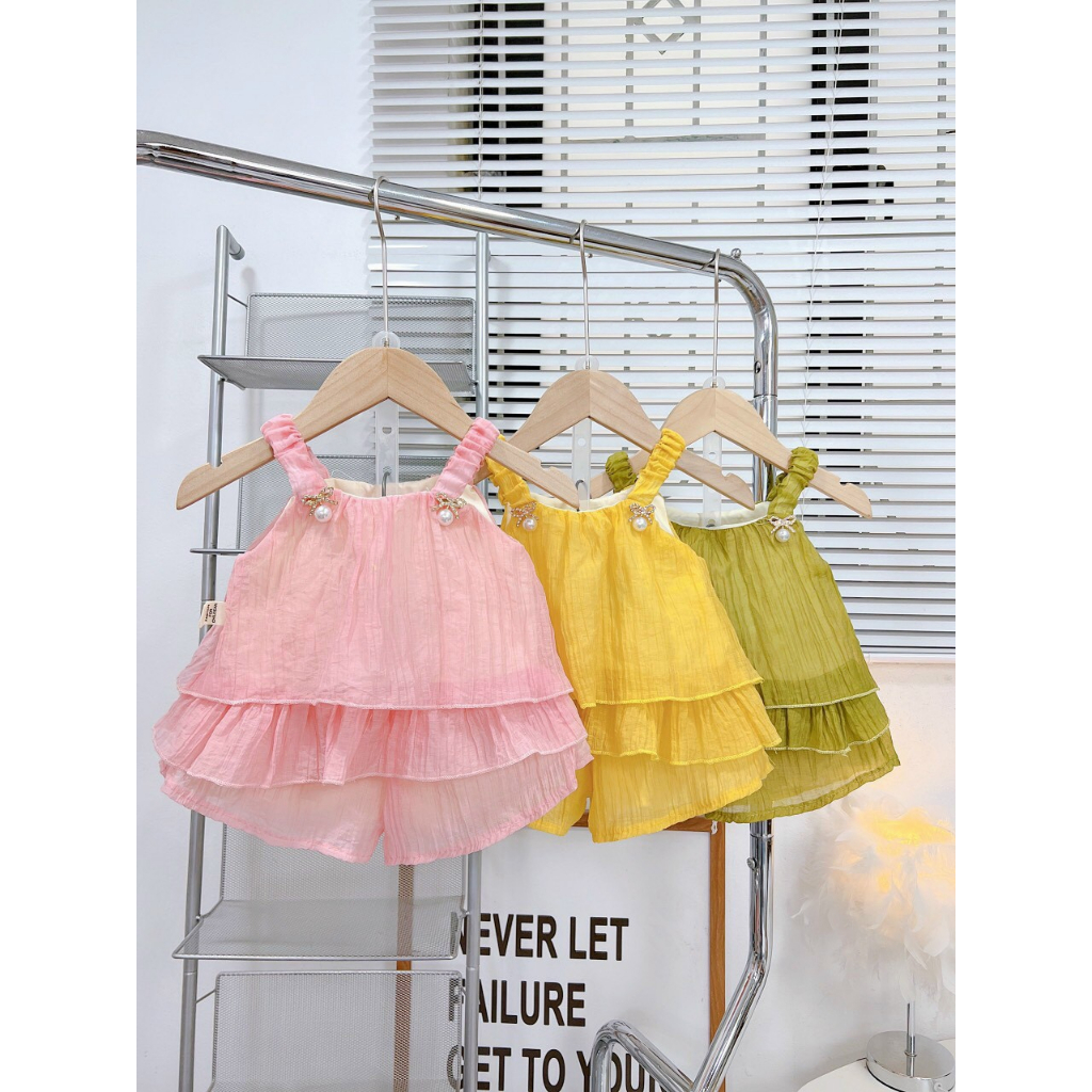 Bộ hai dây cho bé gái mềm mát sang chảnh, phối nơ lên dáng cực yêu 2 Size từ 10-19kg