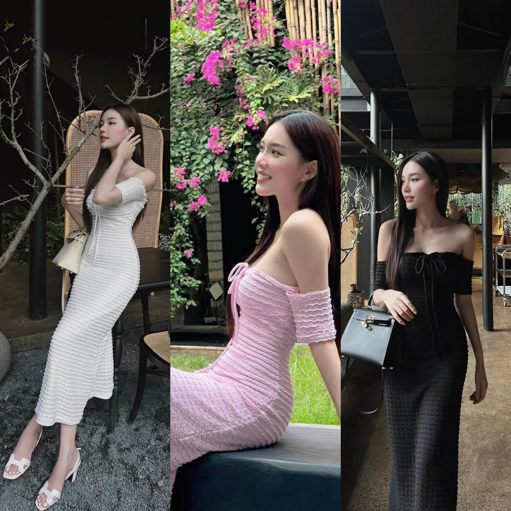 Đầm Body Dáng Dài Tay Ngắn Bẹt Vai Sang Chảnh Váy Body Hở Lưng Thiết Kế Dự Tiệc Màu Hồng Đen Kem