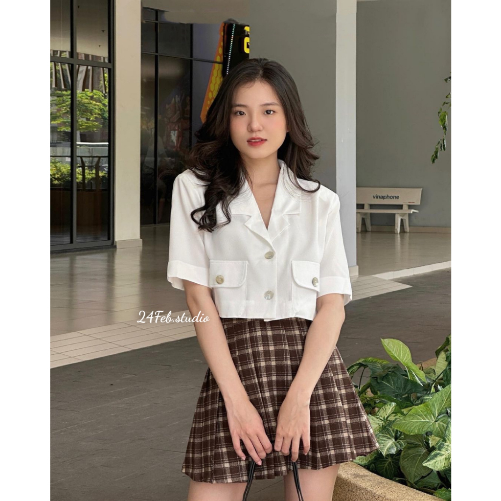 Áo sơ mi cổ blazer dáng lửng phong cách vintage Hàn Quốc