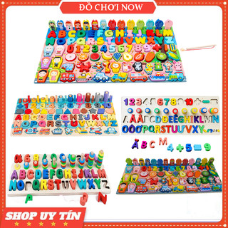 Bộ câu cá đa năng bảng logic 7in1, Đồ chơi gỗ kèm ghép chữ cái, ghép số, hình khối