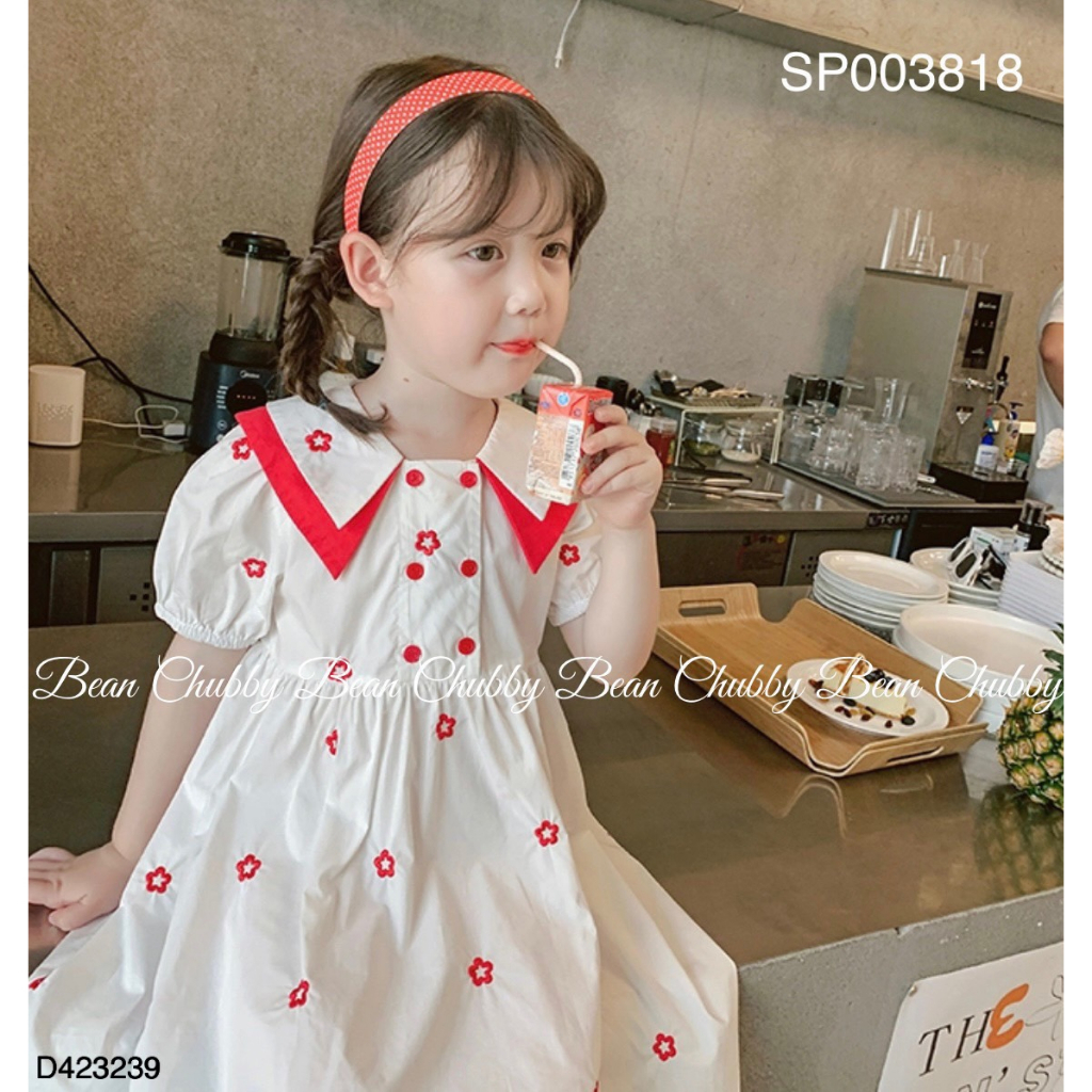 Đầm kate Hàn mềm thêu điểm hoa xinh xắn, thiết kế cổ lá phối màu lạ mắt. Đầm trắng. Đầm noel D423239