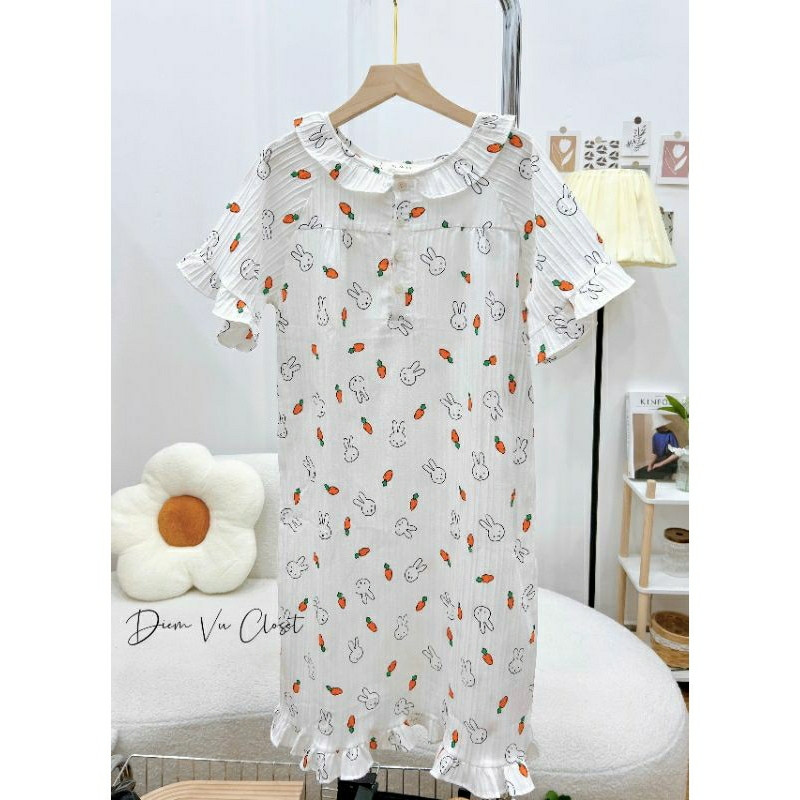 [Hình Thật] Đầm ngủ nữ chất đũi xốp/ đũi gân viền bèo tiều thư hoạ tiết cute | BigBuy360 - bigbuy360.vn