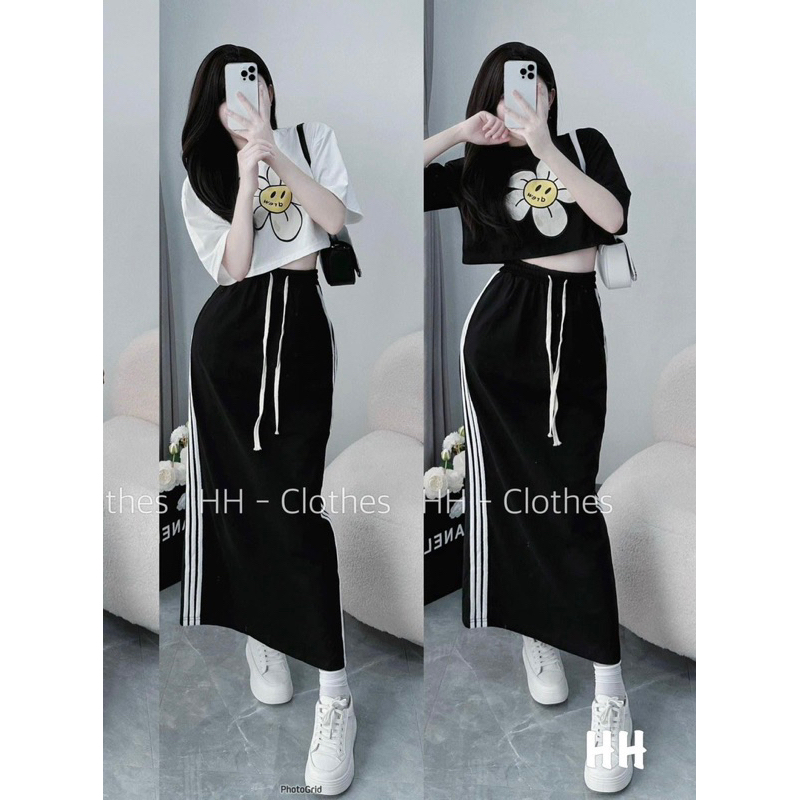 SET ÁO HÌNH HOA CROPTOP MIX CHÂN VÁY MIDI DÁNG DÀI SỌC BÊN CHẤT COTTON KHÔ XỊN ĐẸP CHO NỮ.