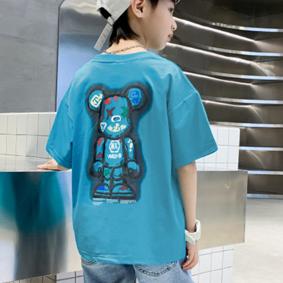 Áo Phông Bé Trai Bé Gái 20-50kg Cộc Tay In Hình Gấu Cá Tính phong cách Hàn Quốc áo trẻ em 5-15 tuổi Hottrend mùa hè 2023