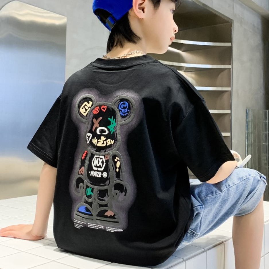 Áo Phông Bé Trai Bé Gái 20-50kg Cộc Tay In Hình Gấu Cá Tính phong cách Hàn Quốc áo trẻ em 5-15 tuổi Hottrend mùa hè 2023
