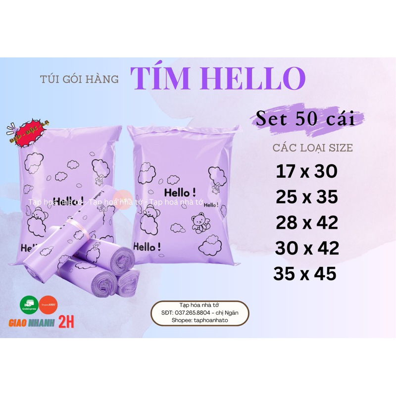 TÚI NIÊM PHONG GÓI HÀNG IN HÌNH HELLO - MÀU TÍM TIÊN