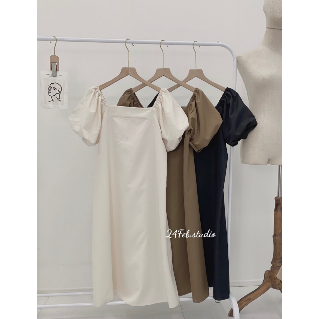 Váy xuông tay bồng chất thô mềm phong cách Vintage Hàn Quốc