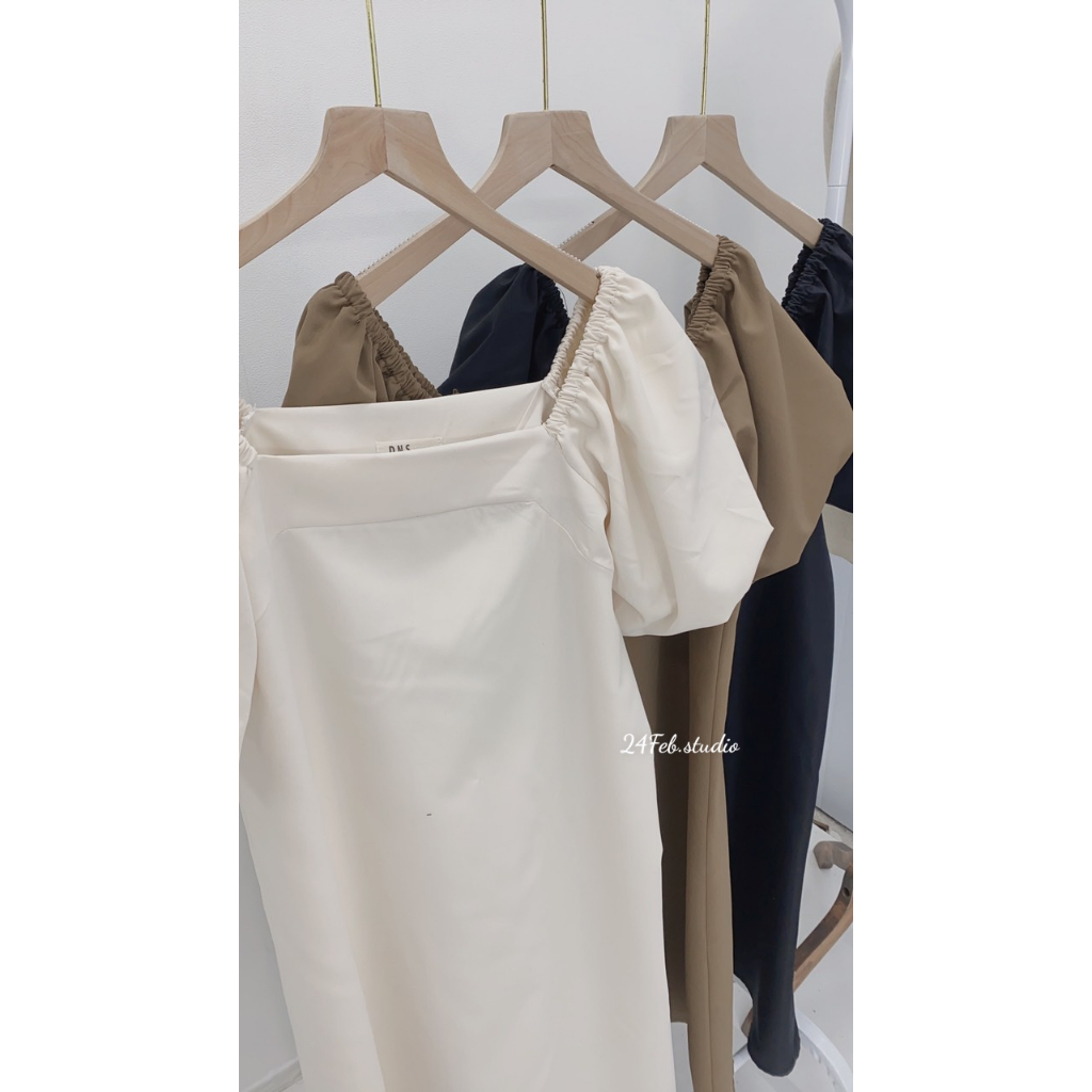Váy xuông tay bồng chất thô mềm phong cách Vintage Hàn Quốc