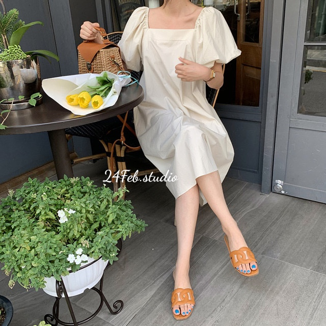 Váy xuông tay bồng chất thô mềm phong cách Vintage Hàn Quốc