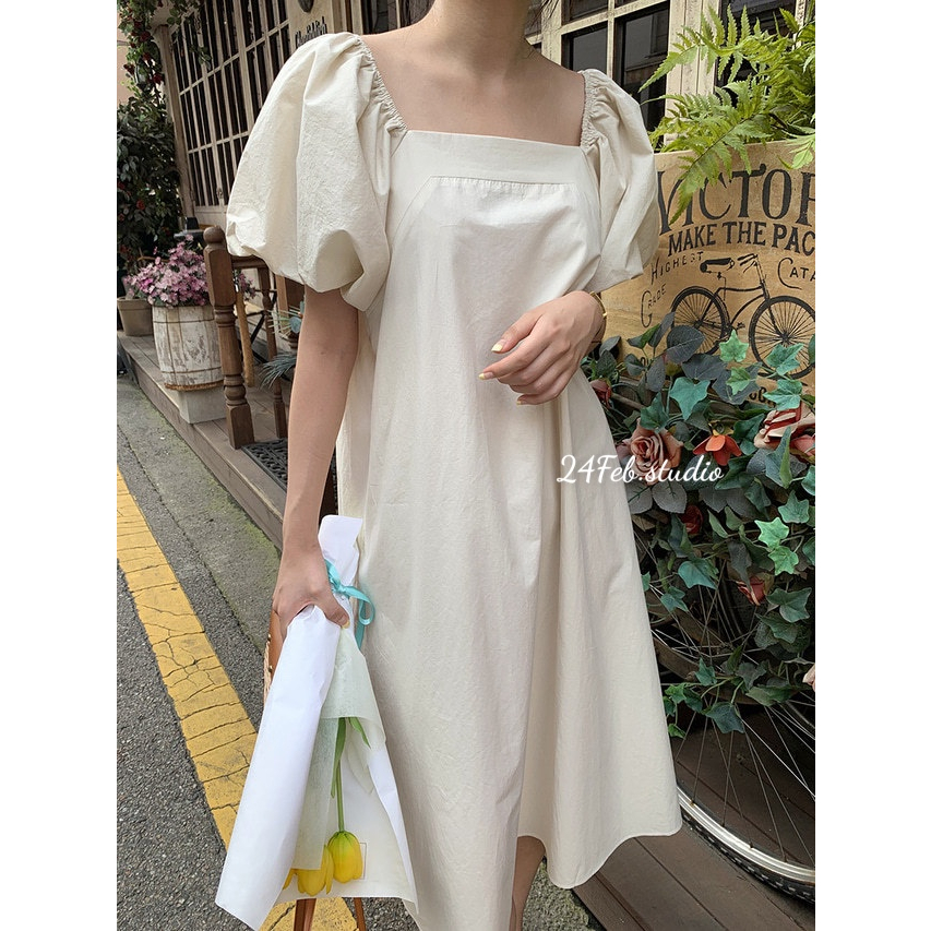 [Sẵn hàng] Váy xuông tay bồng chất thô mềm phong cách Vintage Hàn Quốc [VN26]