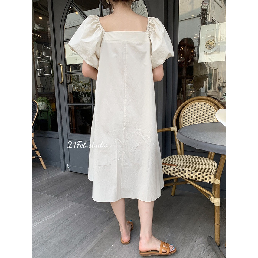 Váy xuông tay bồng chất thô mềm phong cách Vintage Hàn Quốc