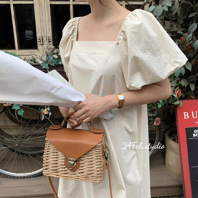Váy xuông tay bồng chất thô mềm phong cách Vintage Hàn Quốc