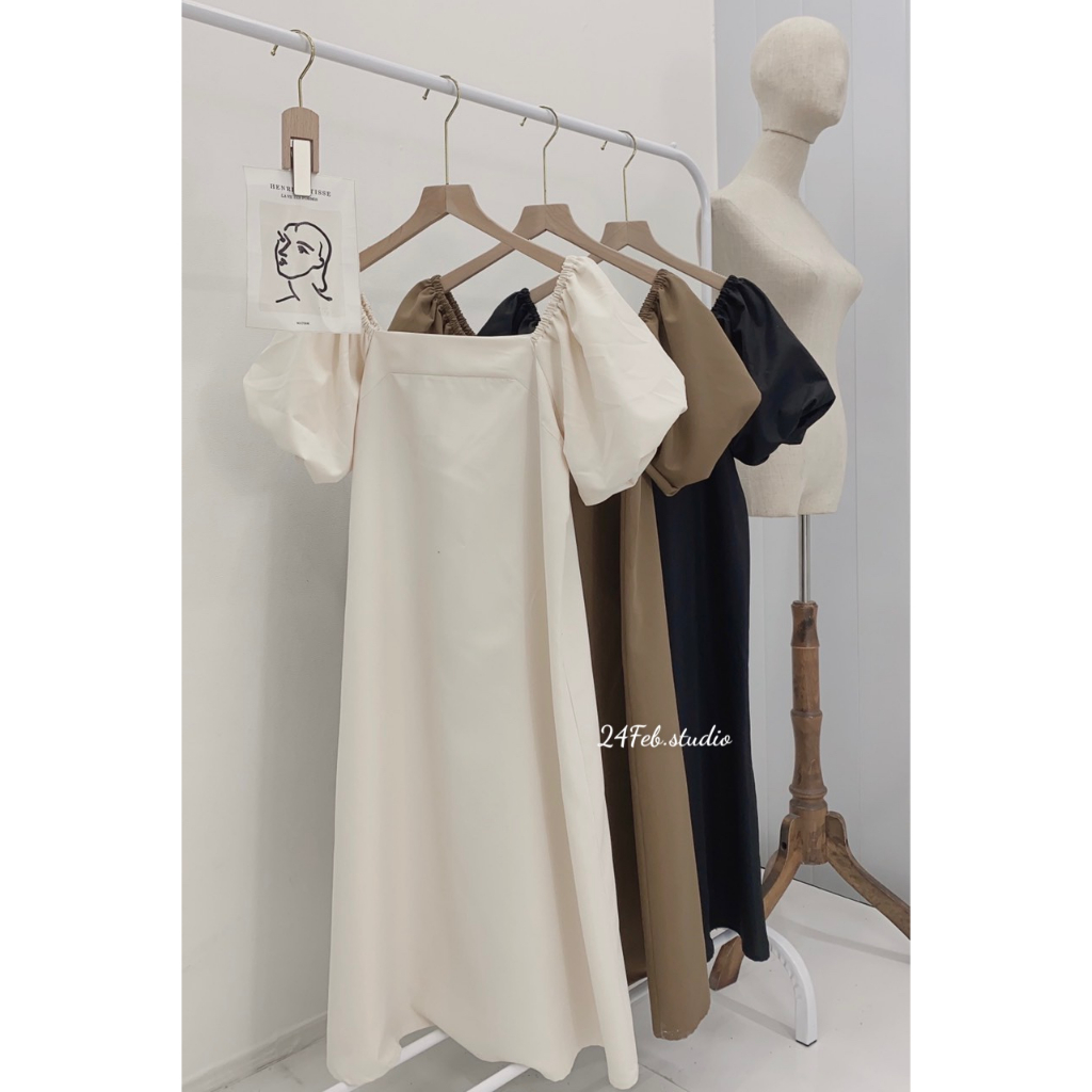 Váy xuông tay bồng chất thô mềm phong cách Vintage Hàn Quốc