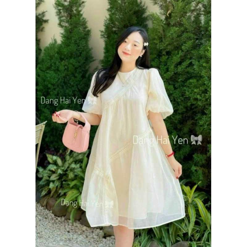 Váy suông_đầm bầu babydoll trắng tiểu thư dự tiệc 2 lớp