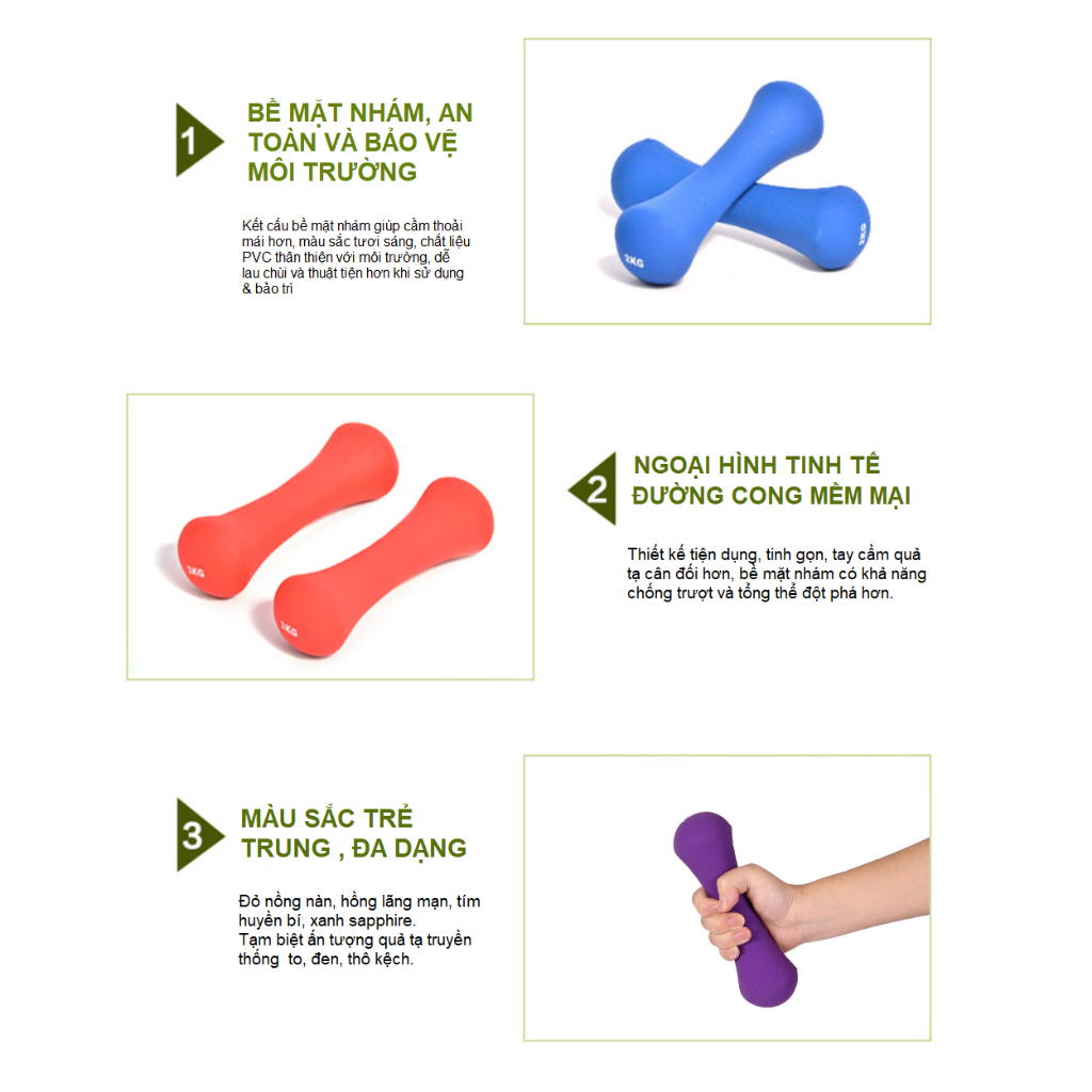 Tạ tay - Dumbbell 2kg -  Bọc cao su nhám - Nam , Nữ - thể lực - GYM - Yoga - Boxing cao cấp.