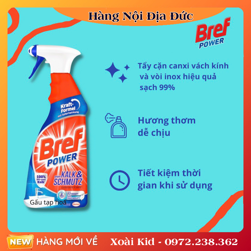 [Mẫu mới nhất] Chai Xịt Tẩy Cặn Canxi Inox Bref Power Dung Tích 750ml Vệ Sinh Vòi Sen, Vách Kính -Hàng Nội Địa Đức