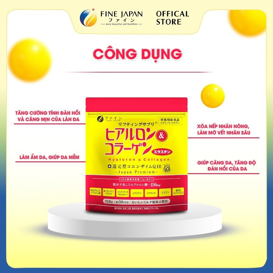 Bột uống Hyaluron & Collagen FINE JAPAN hạn chế lão hóa da, giúp mịn và trắng da dạng gói 210g