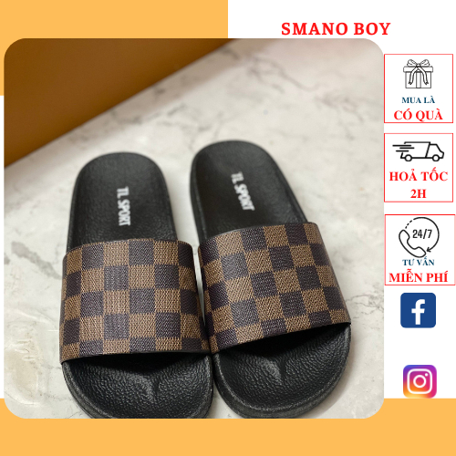 Dép nam nữ quai ngang unisex LV caro nâu Smano boy hỏa tốc