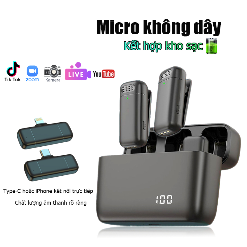 TUBTAP Micrô cài áo kép không dây 2.4G Plug & Play Mic ve áo kèm hộp sạc Micrô cho TikTok Phát trực tiếp Vlog Quay Giảm