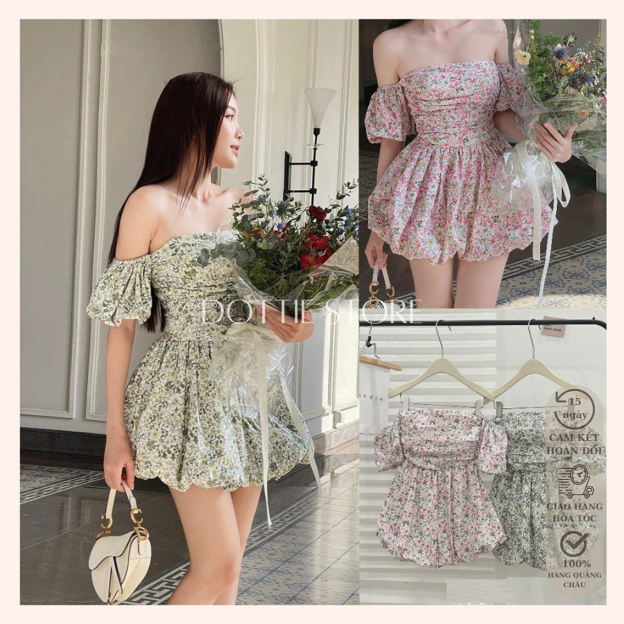 Đầm Hoa Nhí Trễ Vai Dáng Xòe Form Vintage Có Bo Chun Eo Kèm Lớp Lót Trong Cực Xinh