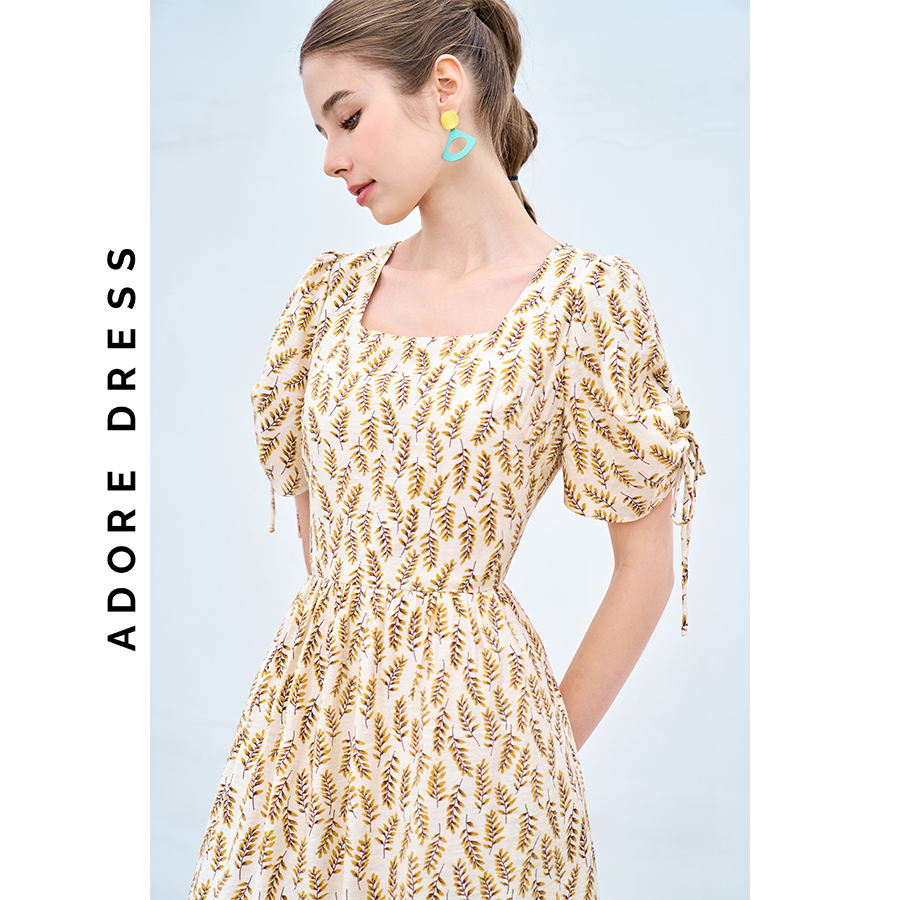 Đầm Midi dresses đũi kem, cam  hoa nhỡ vàng nối tùng 311DR2023  ADORE DRESS
