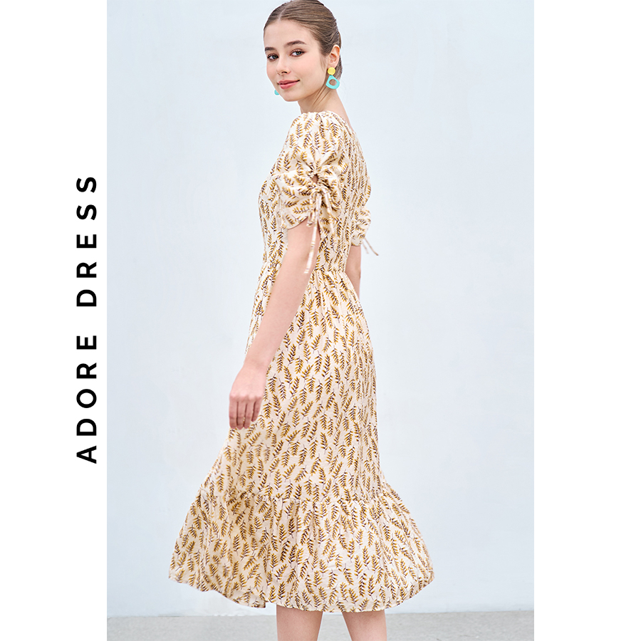 Đầm Midi dresses đũi kem, cam  hoa nhỡ vàng nối tùng 311DR2023  ADORE DRESS