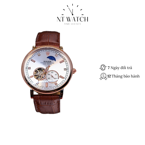 Đồng hồ cơ nam Rolex Open Heart Watch 26500SR mặt lộ cơ lịch Sun and Moon mặt kính Mineral chống nước dây da cao cấp