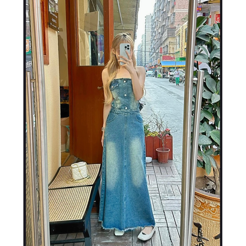 Váy Jean Dài Qua Gối Maxi Kiểu Váy Ống Đầm Dài Denim Không Tay Chiết Eo Thiết Kế Retro Kiểu Hàn Quốc Váy Bò Nữ