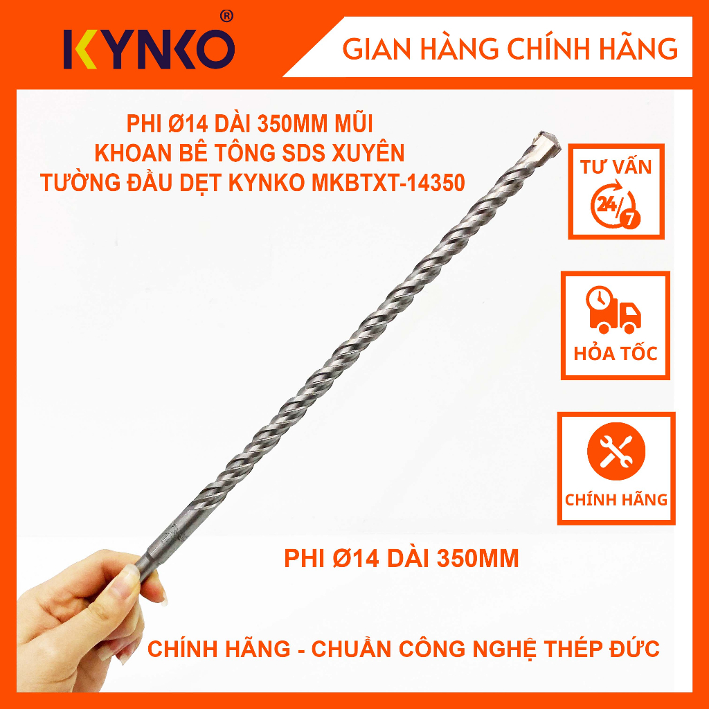 MŨI KHOAN BÊ TÔNG SDS ĐƯỜNG KÍNH PHI Ø14 DÀI 350MM XUYÊN TƯỜNG ĐẦU DẸT KYNKO MKBTXT-14350
