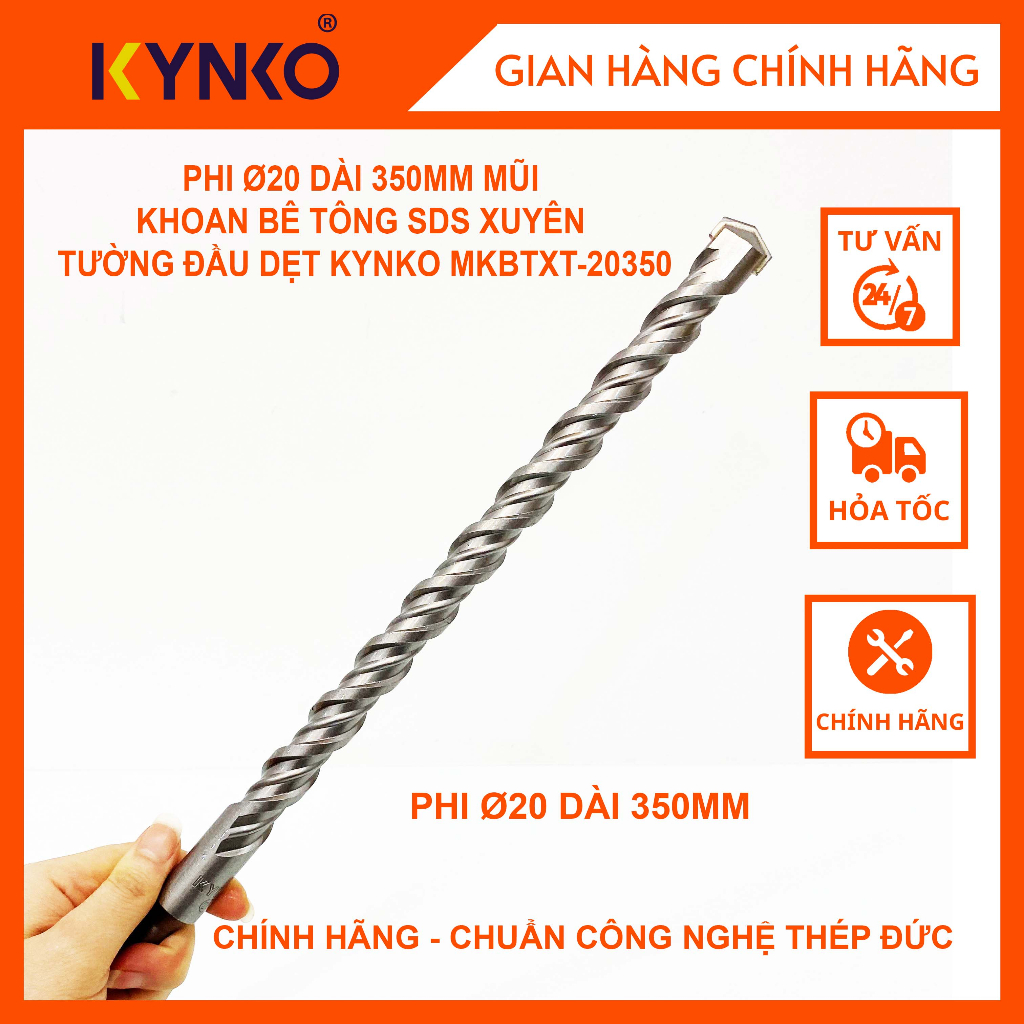 MŨI KHOAN BÊ TÔNG SDS ĐƯỜNG KÍNH PHI Ø20 DÀI 350MM XUYÊN TƯỜNG ĐẦU DẸT KYNKO MKBTXT-20350