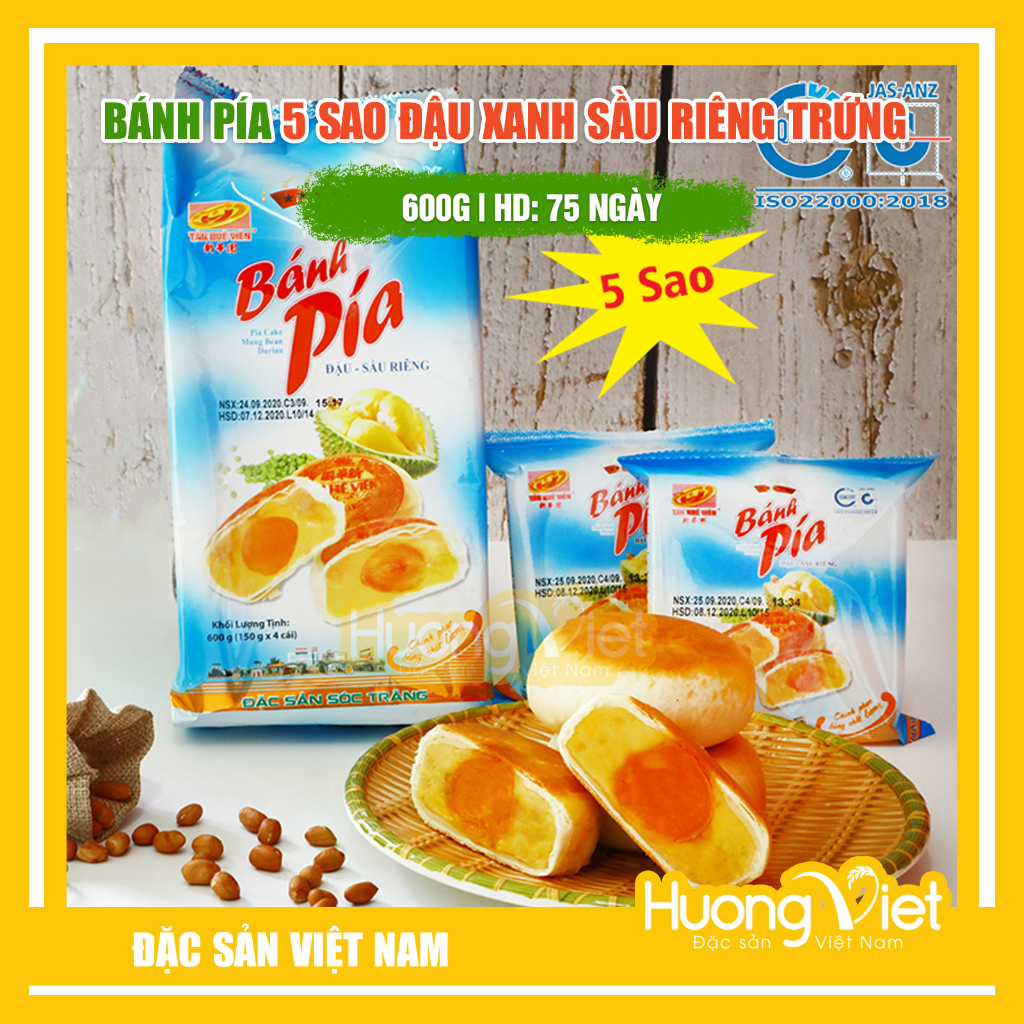 Combo 3 gói bánh pía 5 sao Tân Huê Viên 600gr, đậu xanh sầu riêng 1 trứng, bánh pía truyền thống, đặc sản miền Tây