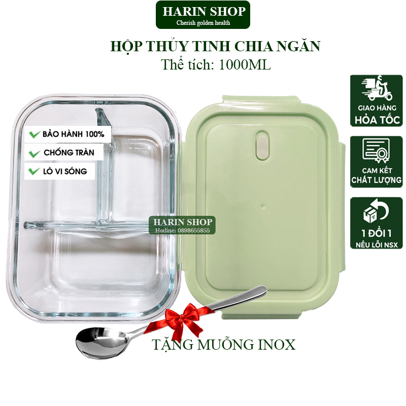 Hộp Thủy Tinh Chia Ngăn- Hộp Cơm Văn Phòng Nắp Chống Tràn Đựng Thức Ăn Cao Cấp, Tiện Lợi - Quay Được Lò Vi Sóng