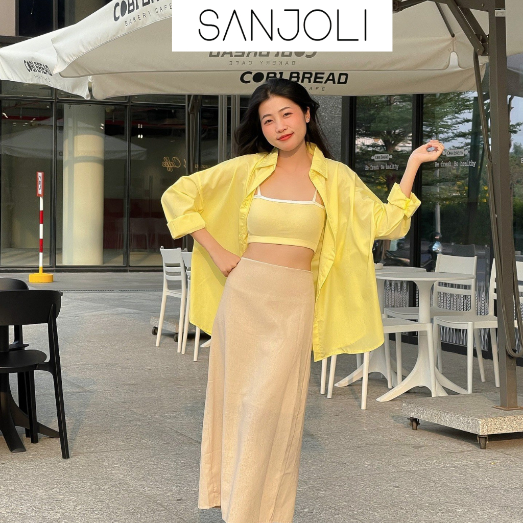 Áo sơ mi nữ Sanjoli form rộng tay dài unisex phong cách hàn quốc màu vàng AO014