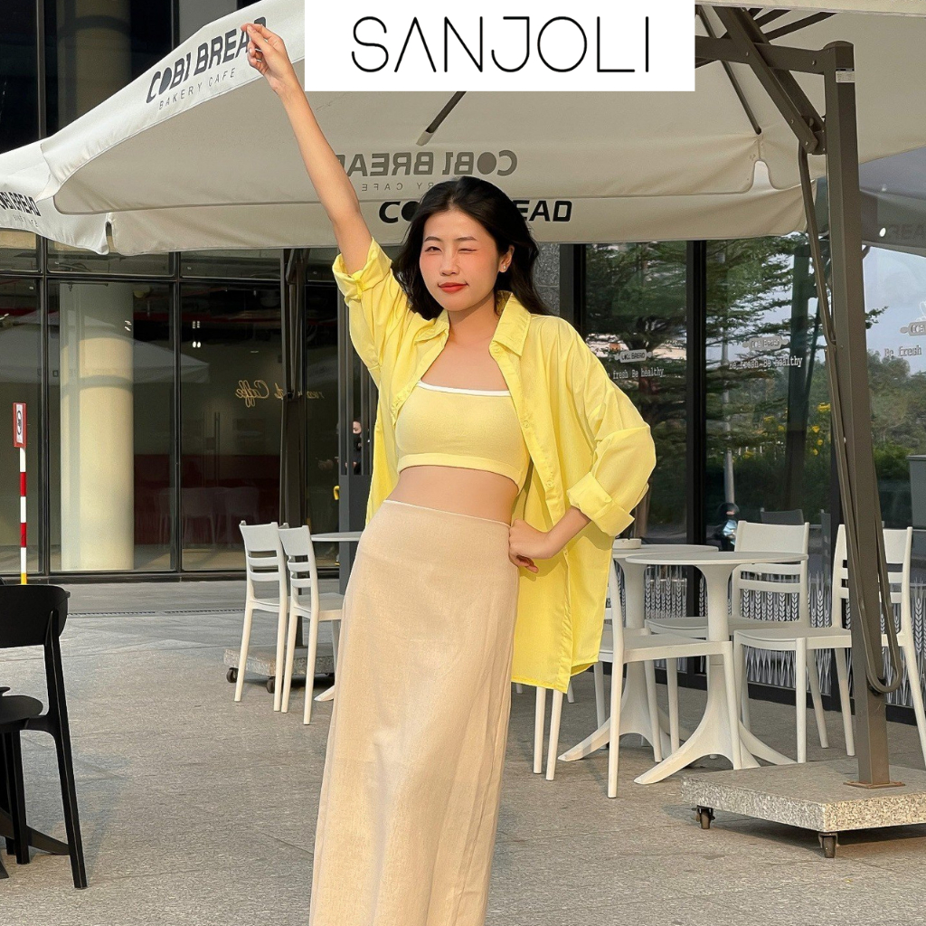Áo sơ mi nữ Sanjoli form rộng tay dài unisex phong cách hàn quốc màu vàng AO014