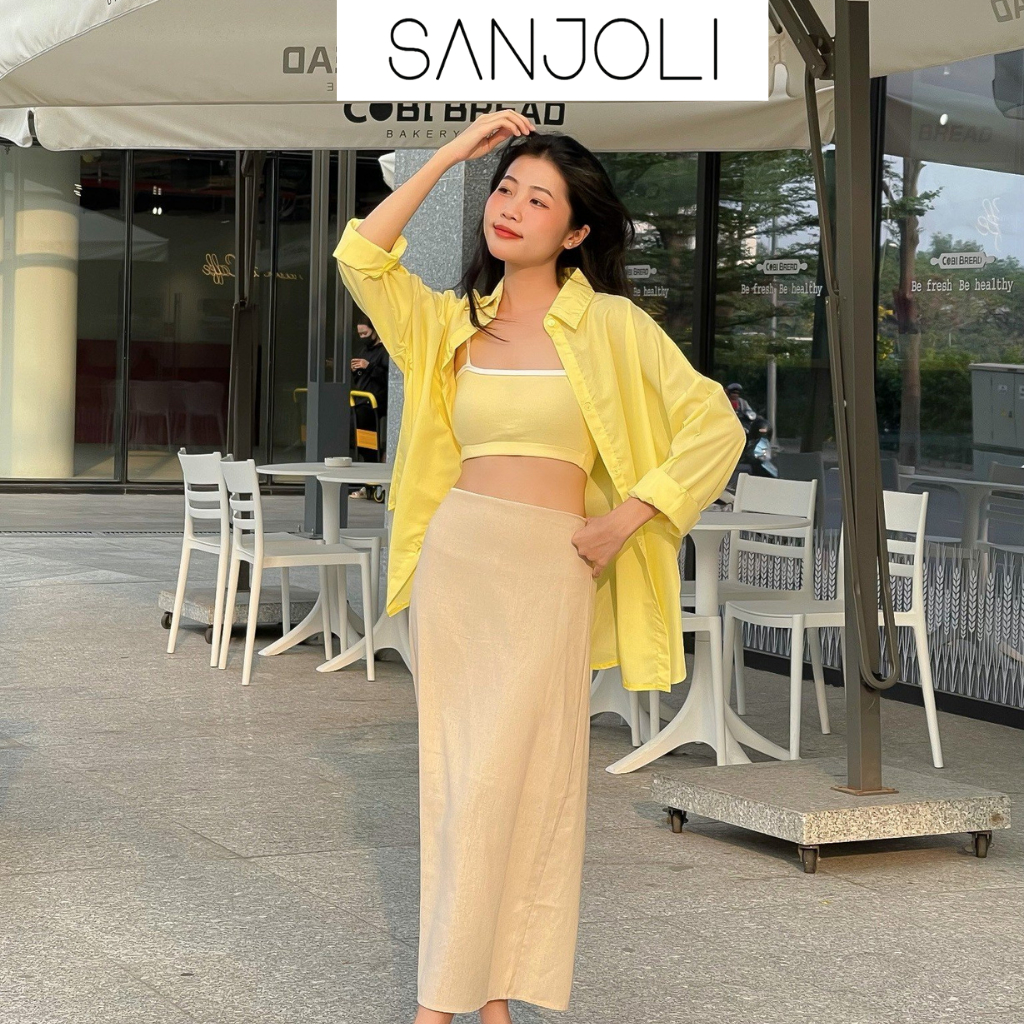 Áo sơ mi nữ Sanjoli form rộng tay dài unisex phong cách hàn quốc màu vàng AO014