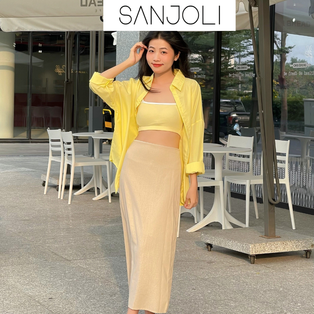 Áo sơ mi nữ Sanjoli form rộng tay dài unisex phong cách hàn quốc màu vàng AO014