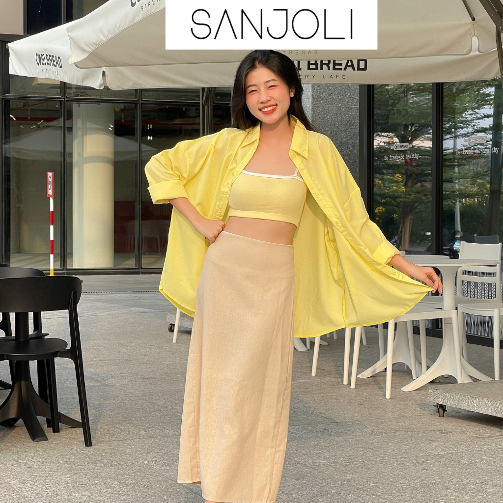 Áo sơ mi nữ Sanjoli form rộng tay dài unisex phong cách hàn quốc màu vàng AO014