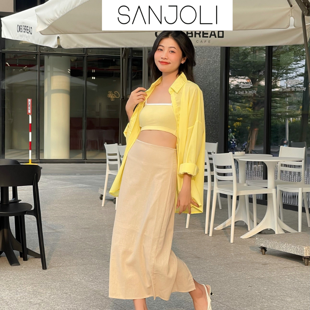 Áo sơ mi nữ Sanjoli form rộng tay dài unisex phong cách hàn quốc màu vàng AO014